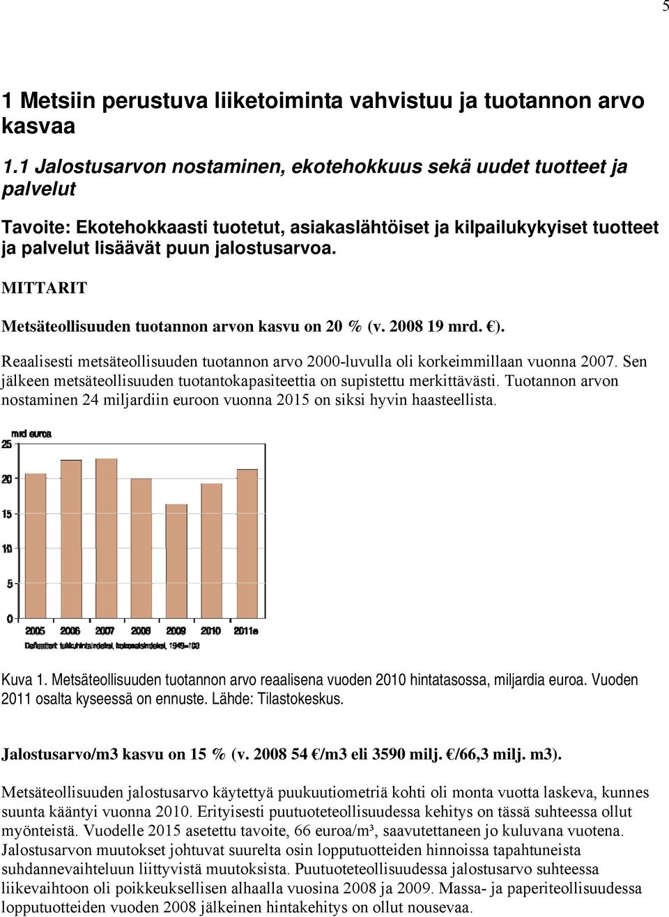 MITTARIT Metsäteollisuuden tuotannon arvon kasvu on 20 % (v. 2008 19 mrd. ). Reaalisesti metsäteollisuuden tuotannon arvo 2000-luvulla oli korkeimmillaan vuonna 2007.