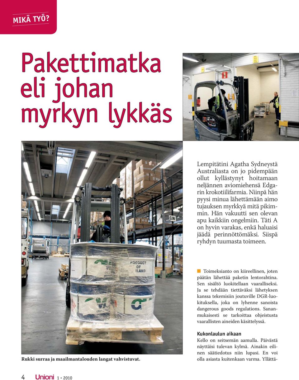 Siispä ryhdyn tuumasta toimeen. Toimeksianto on kiireellinen, joten päätän lähettää paketin lentorahtina. Sen sisältö luokitellaan vaaralliseksi.