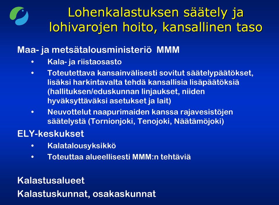 (hallituksen/eduskunnan linjaukset, niiden hyväksyttäväksi asetukset ja lait) Neuvottelut naapurimaiden kanssa rajavesistöjen