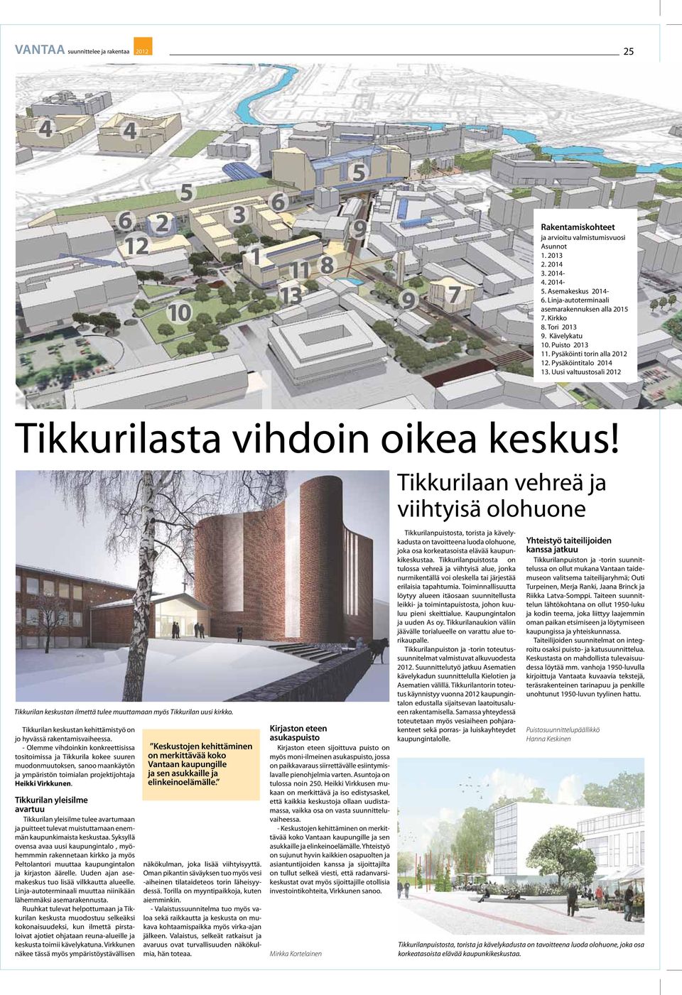 Tikkurilan keskustan ilmettä tulee muuttamaan myös Tikkurilan uusi kirkko. Tikkurilan keskustan kehittämistyö on jo hyvässä rakentamisvaiheessa.