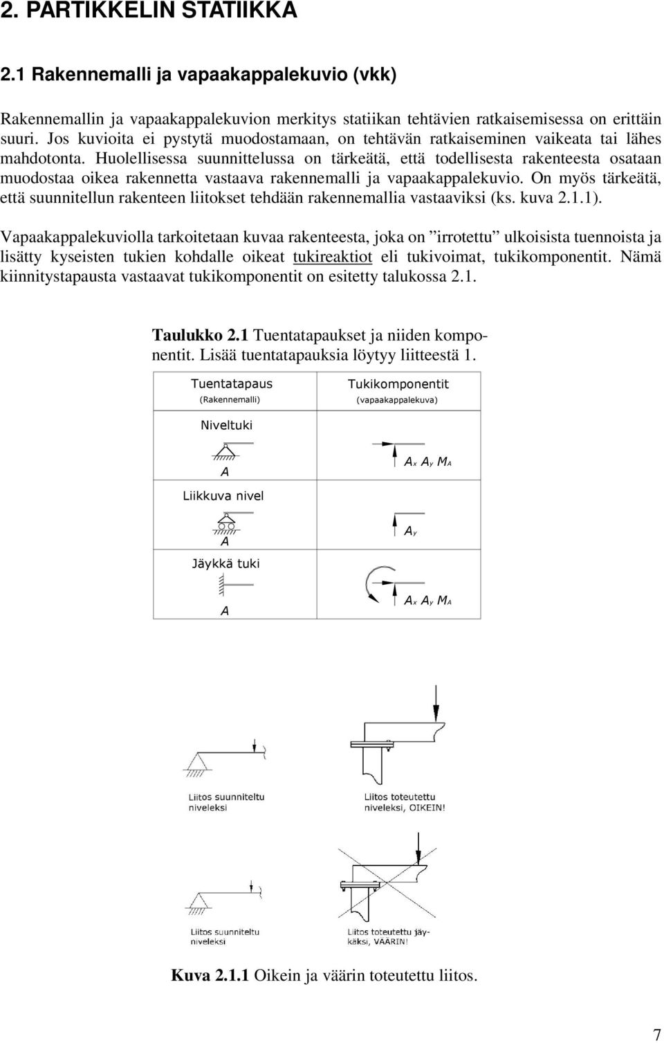 Huolellisessa suunnittelussa on tärkeätä, että todellisesta rakenteesta osataan muodostaa oikea rakennetta vastaava rakennemalli ja vapaakappalekuvio.