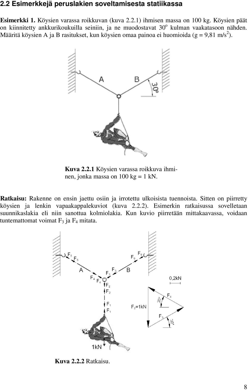 Määritä köysien A ja B rasitukset, kun köysien omaa painoa ei huomioida (g = 9,81 m/s ). Kuva..1 Köysien varassa roikkuva ihminen, jonka massa on 100 kg = 1 kn.