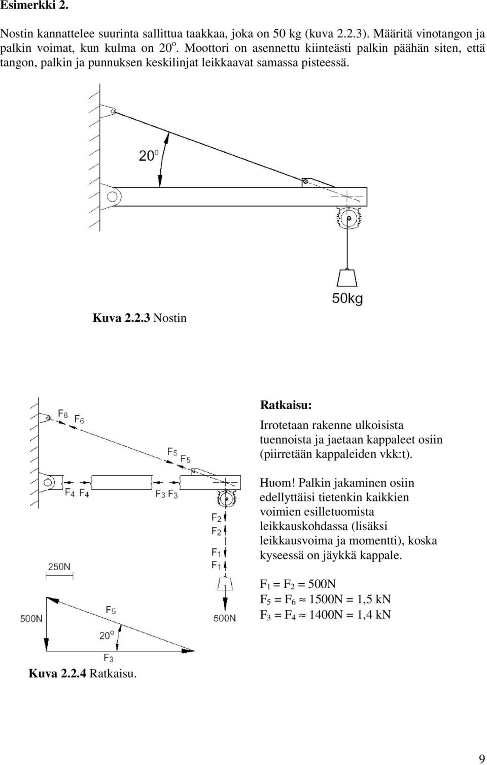 .3 Nostin Ratkaisu: Irrotetaan rakenne ulkoisista tuennoista ja jaetaan kappaleet osiin (piirretään kappaleiden vkk:t). Huom!