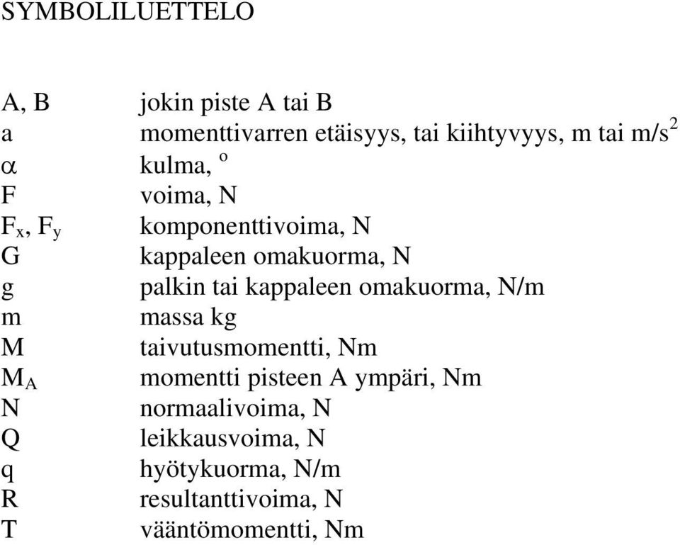 kappaleen omakuorma, N/m m massa kg M taivutusmomentti, Nm M A momentti pisteen A ympäri, Nm