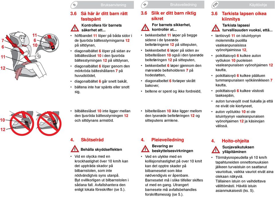 diagonalbältet 6 löper genom den mörkröda bälteshållaren 7 på huvudstödet, diagonalbältet 6 går snett bakåt, bältena inte har spänts eller snott sig, bilbälteslåset 10 inte ligger mellan den ljusröda
