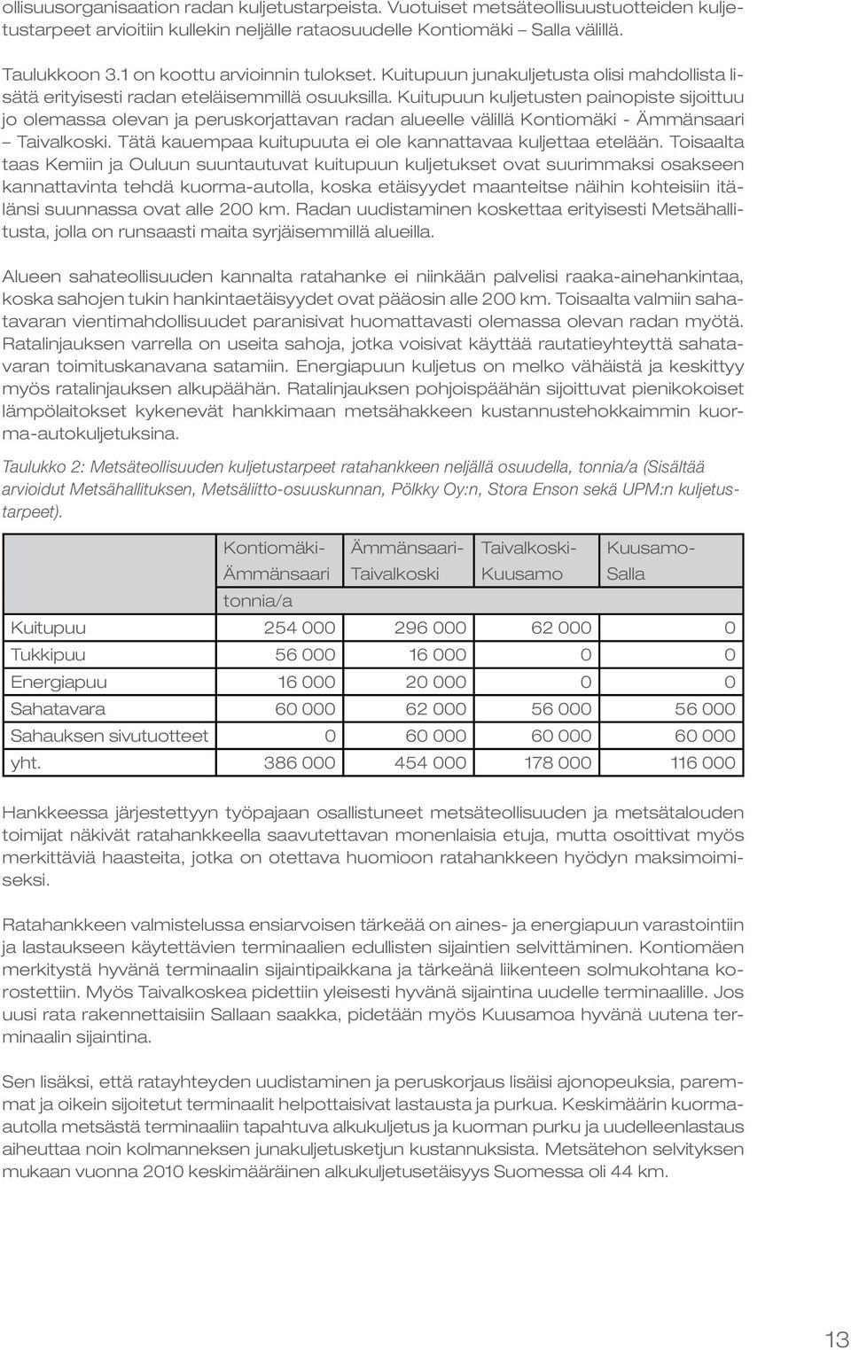 Kuitupuun kuljetusten painopiste sijoittuu jo olemassa olevan ja peruskorjattavan radan alueelle välillä Kontiomäki - Ämmänsaari Taivalkoski.