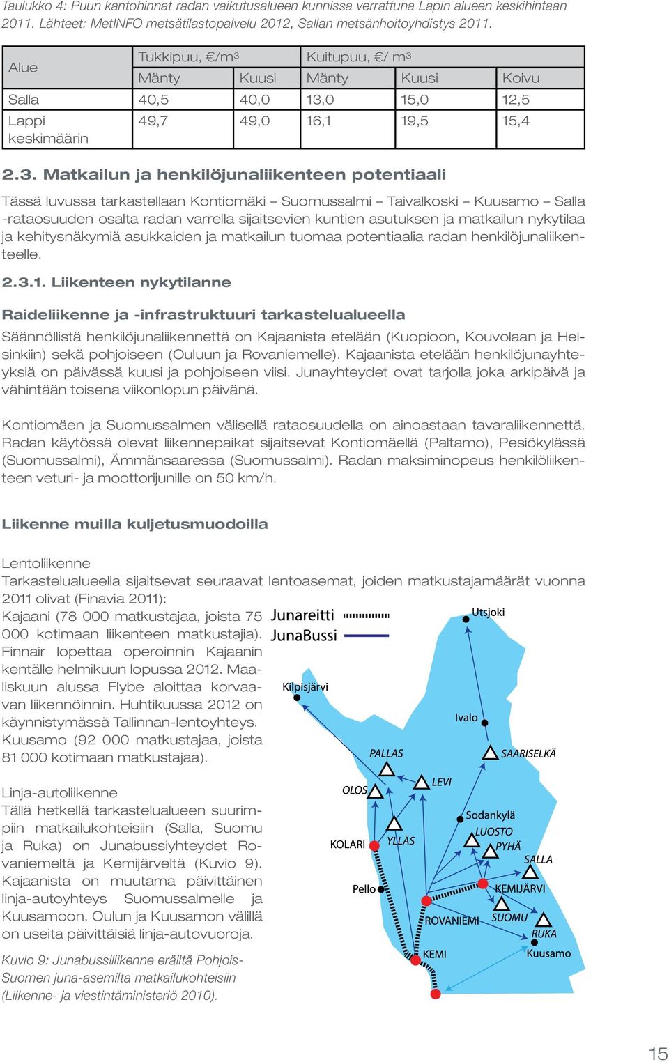 . Matkailun ja henkilöjunaliikenteen potentiaali Tässä luvussa tarkastellaan Kontiomäki Suomussalmi Taivalkoski Kuusamo Salla -rataosuuden osalta radan varrella sijaitsevien kuntien asutuksen ja