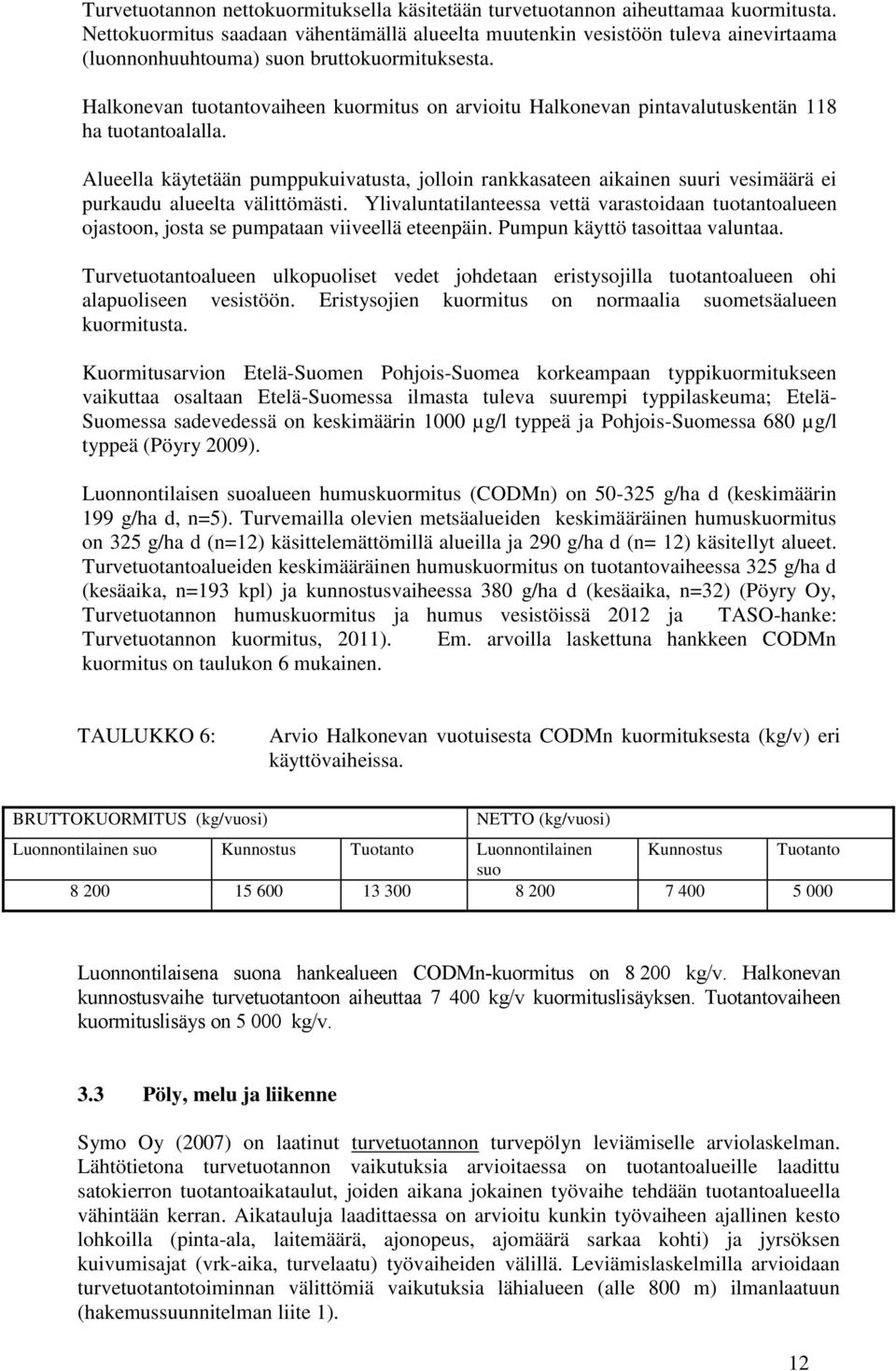 Halkonevan tuotantovaiheen kuormitus on arvioitu Halkonevan pintavalutuskentän 118 ha tuotantoalalla.