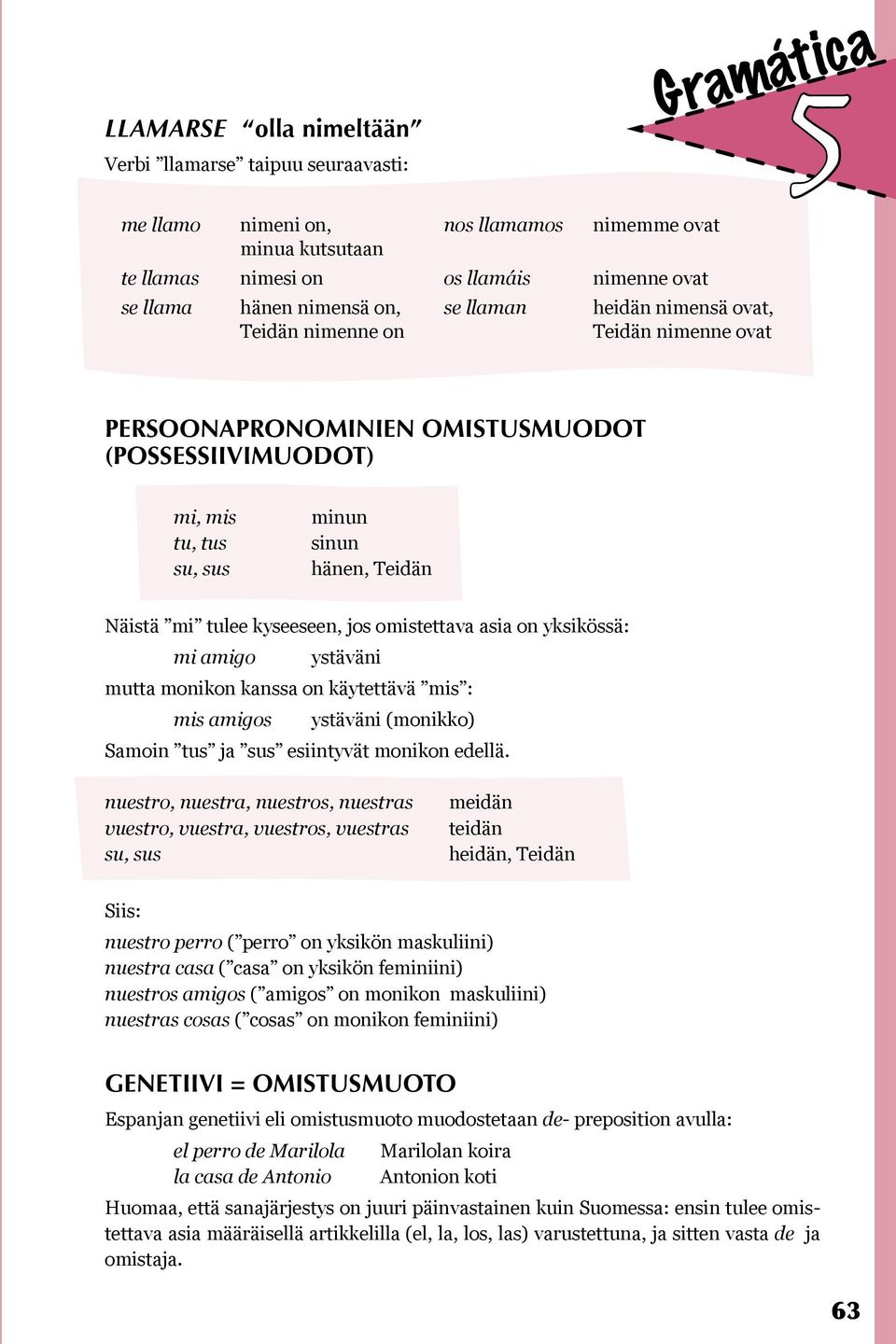 kyseeseen, jos omistettava asia on yksikössä: mi amigo ystäväni mutta monikon kanssa on käytettävä mis : mis amigos ystäväni (monikko) Samoin tus ja sus esiintyvät monikon edellä.