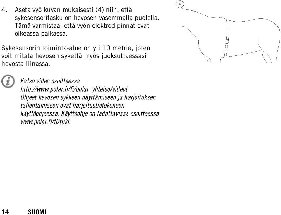 Sykesensorin toiminta-alue on yli 10 metriä, joten voit mitata hevosen sykettä myös juoksuttaessasi hevosta liinassa.