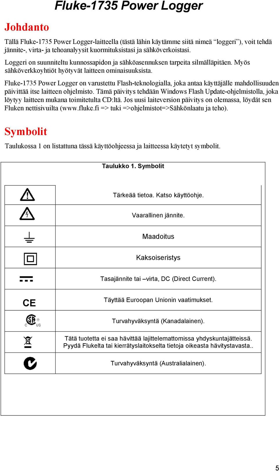 Fluke-1735 Power Logger on varustettu Flash-teknologialla, joka antaa käyttäjälle mahdollisuuden päivittää itse laitteen ohjelmisto.