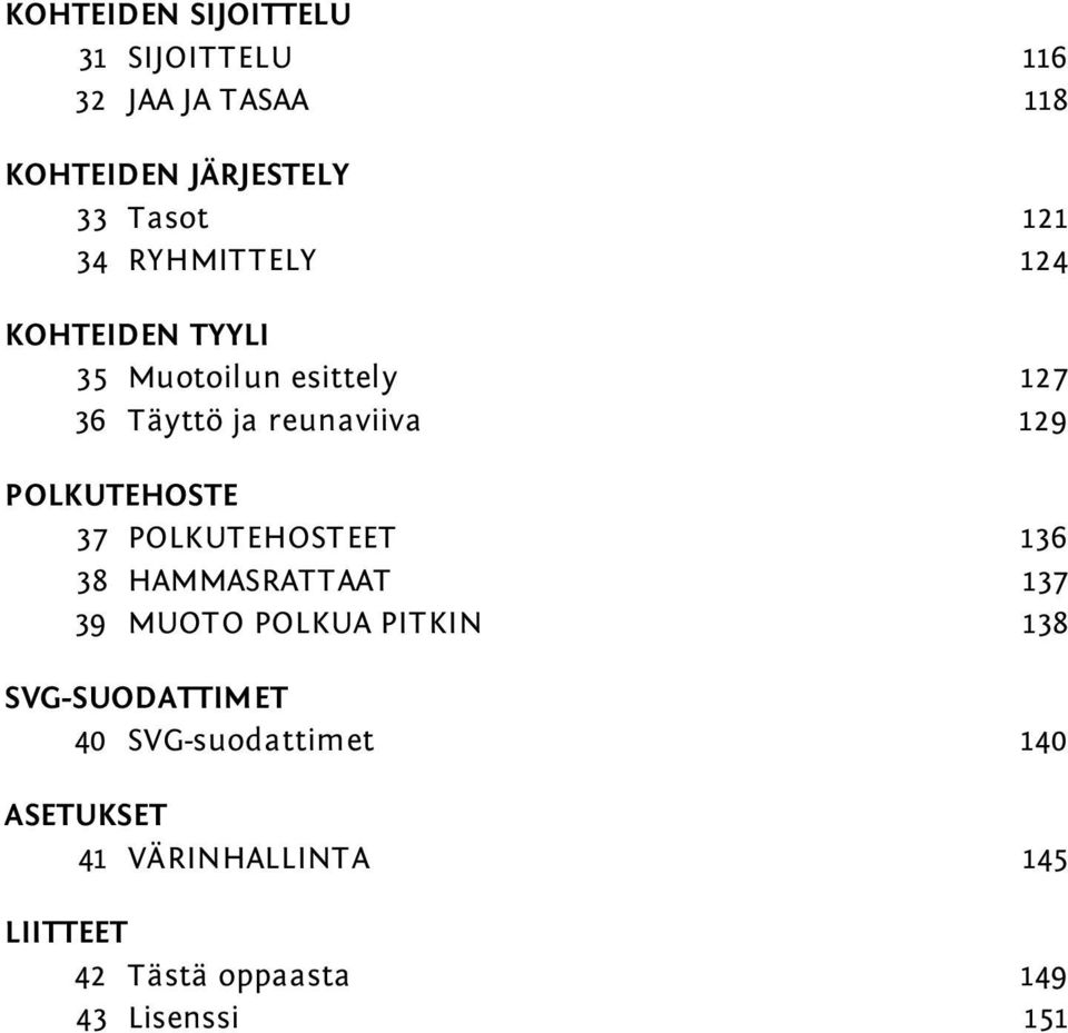 POLKUTEHOSTE 37 POLKUTEHOSTEET 136 38 HAMMASRATTAAT 137 39 MUOTO POLKUA PITKIN 138