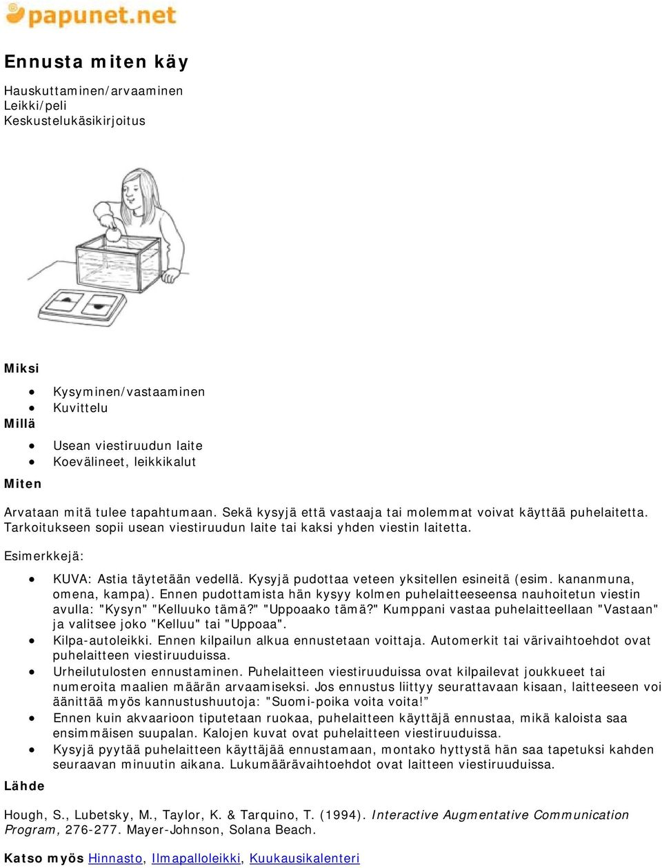 Kysyjä pudottaa veteen yksitellen esineitä (esim. kananmuna, omena, kampa). Ennen pudottamista hän kysyy kolmen puhelaitteeseensa nauhoitetun viestin avulla: "Kysyn" "Kelluuko tämä?" "Uppoaako tämä?