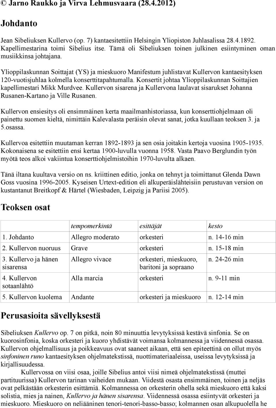 Ylioppilaskunnan Soittajat (YS) ja mieskuoro Manifestum juhlistavat Kullervon kantaesityksen 120-vuotisjuhlaa kolmella konserttitapahtumalla.