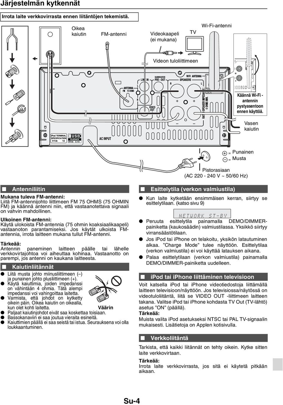 Vasen kaiutin Punainen Musta Pistorasiaan (AC 220-240 V ~ 50/60 Hz) Antenniliitin Mukana tuleva FM-antenni: Liitä FM-antennijohto liittimeen FM 75 OHMS (75 OHMIN FM) ja käännä antenni niin, että