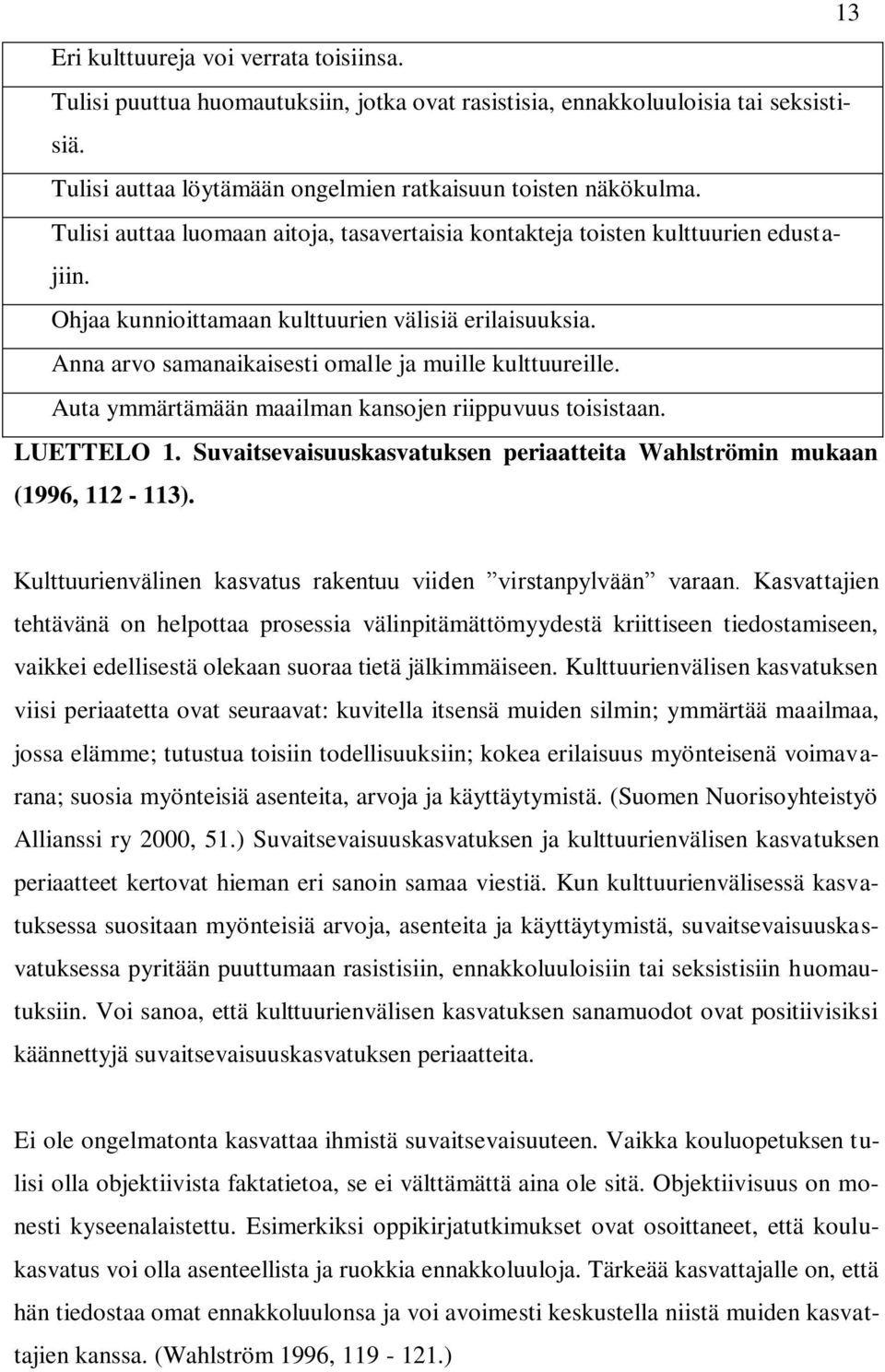 Auta ymmärtämään maailman kansojen riippuvuus toisistaan. LUETTELO 1. Suvaitsevaisuuskasvatuksen periaatteita Wahlströmin mukaan (1996, 112-113).