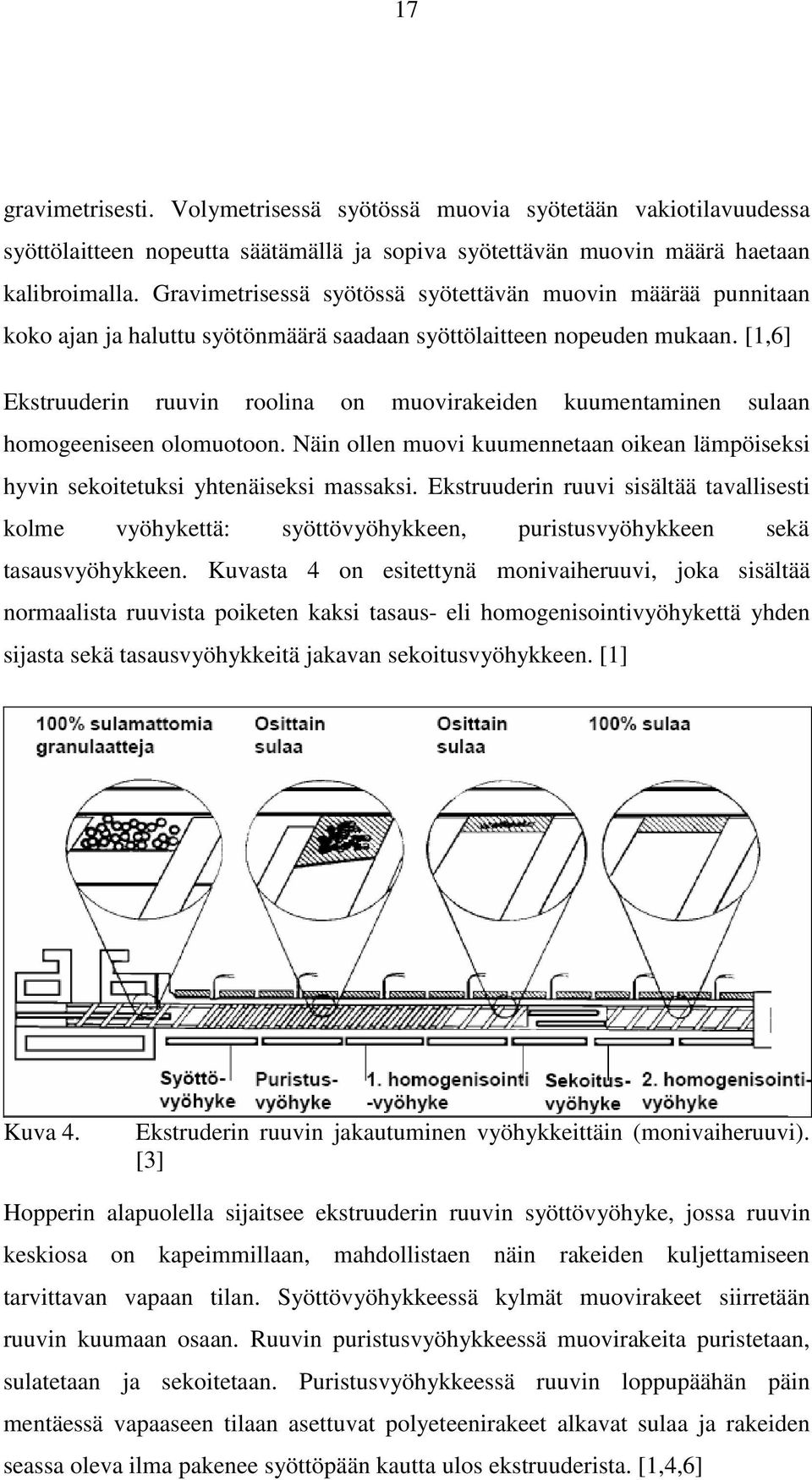 [1,6] Ekstruuderin ruuvin roolina on muovirakeiden kuumentaminen sulaan homogeeniseen olomuotoon. Näin ollen muovi kuumennetaan oikean lämpöiseksi hyvin sekoitetuksi yhtenäiseksi massaksi.
