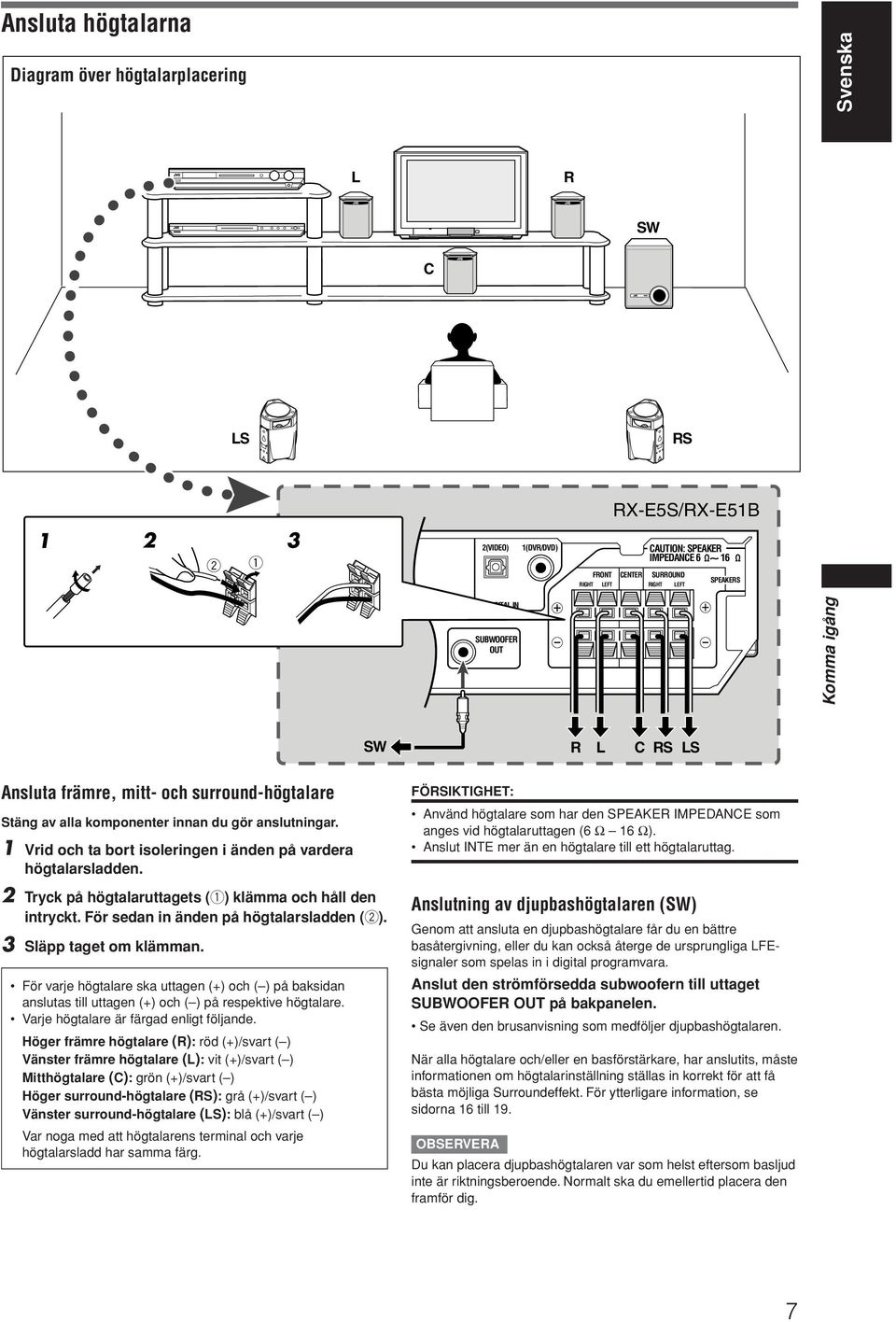 1 Vrid och ta bort isoleringen i änden på vardera högtalarsladden. 2 Tryck på högtalaruttagets (1) klämma och håll den intryckt. För sedan in änden på högtalarsladden (2). 3 Släpp taget om klämman.