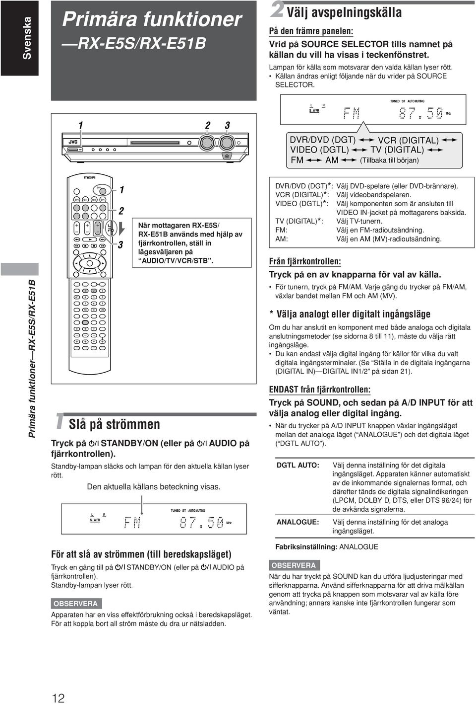 BASS TA NEWS INFO RDS TUNED ST AUTO MUTING SLEEP AUTO MODE ATT HP MHz khz DVR/DVD (DGT) VCR (DIGITAL) VIDEO (DGTL) TV (DIGITAL) FM AM (Tillbaka till början) Primära funktioner RX-E5S/RX-E51B 1 2 3 1