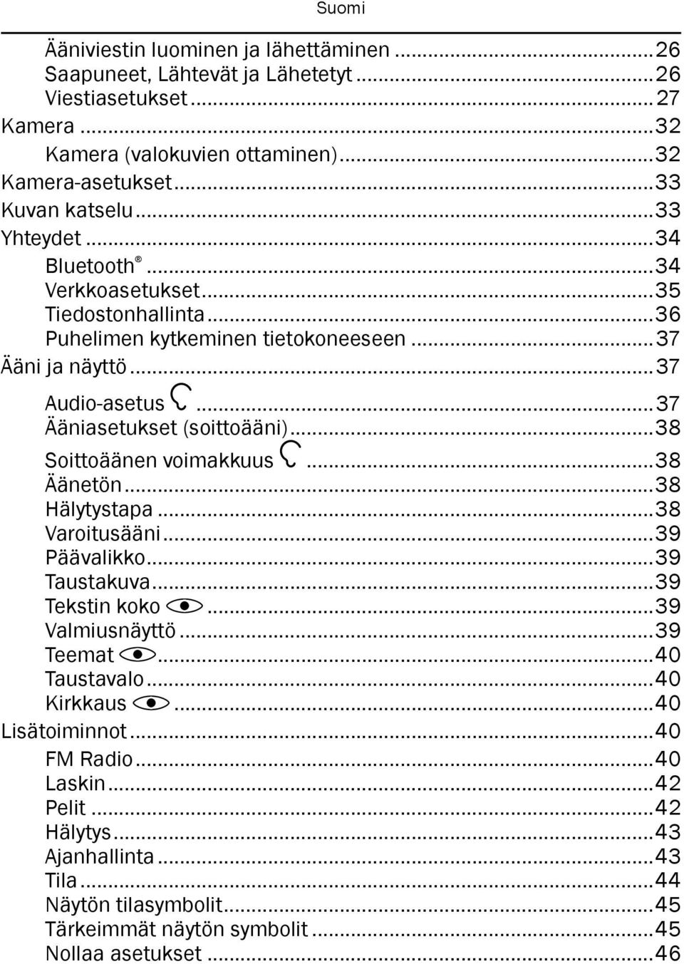 ..38 Soittoäänen voimakkuus...38 Äänetön...38 Hälytystapa...38 Varoitusääni...39 Päävalikko...39 Taustakuva...39 Tekstin koko...39 Valmiusnäyttö...39 Teemat...40 Taustavalo.