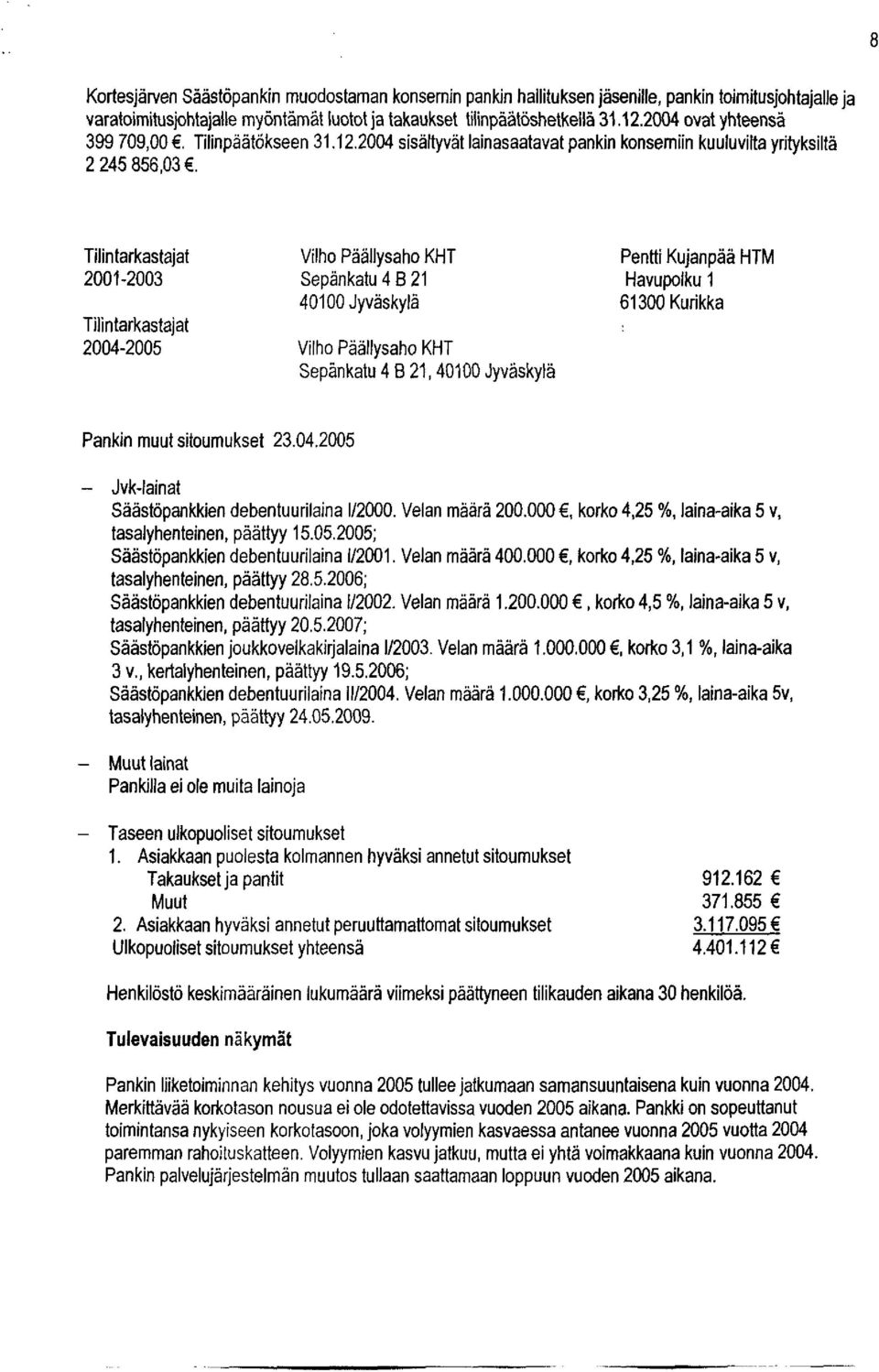 Tilintarkastajat Vilho Päällysaho KHT Pentti Kujanpää HTM 2001-2003 Sepänkatu 4 B 21 Havupolku 1 40100 Jyväskylä 61300 Kurikka Tilintarkastajat : 2004-2005 Vilho Päällysaho KHT Sepänkatu 4 B 21,40100