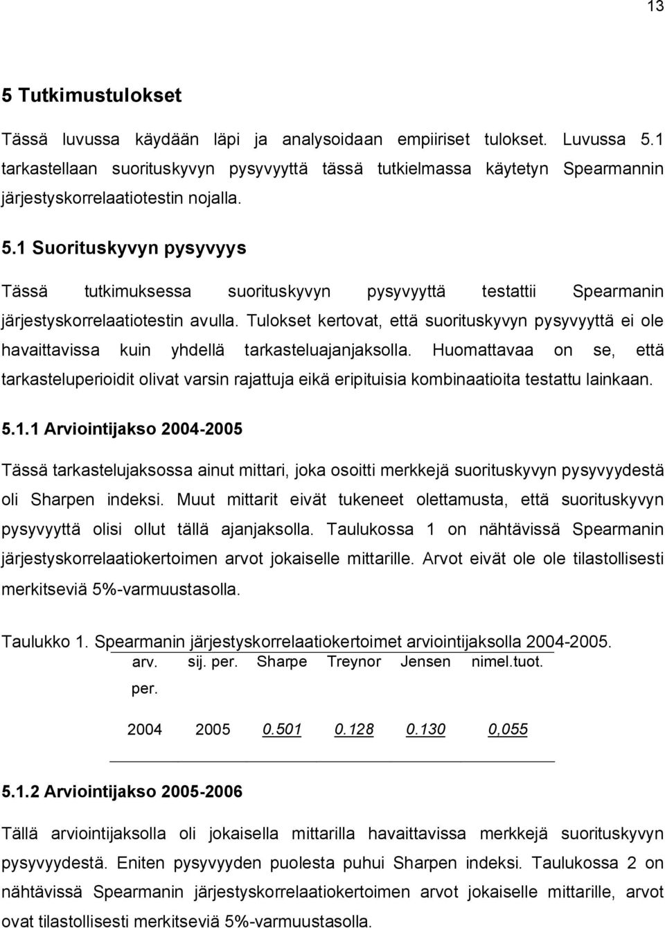 1 Suorituskyvyn pysyvyys Tässä tutkimuksessa suorituskyvyn pysyvyyttä testattii Spearmanin järjestyskorrelaatiotestin avulla.