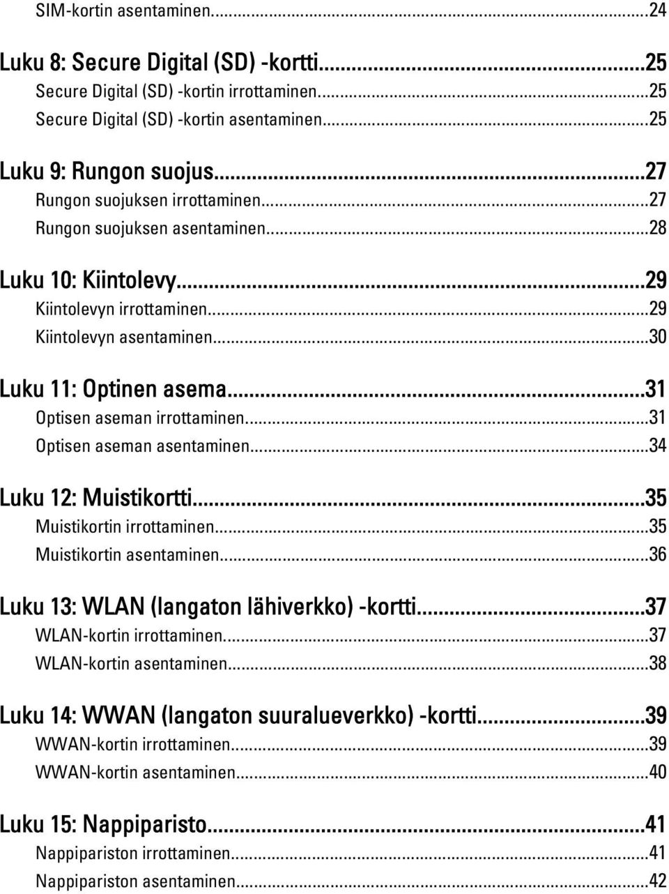 ..31 Optisen aseman irrottaminen...31 Optisen aseman asentaminen...34 Luku 12: Muistikortti...35 Muistikortin irrottaminen...35 Muistikortin asentaminen...36 Luku 13: WLAN (langaton lähiverkko) -kortti.