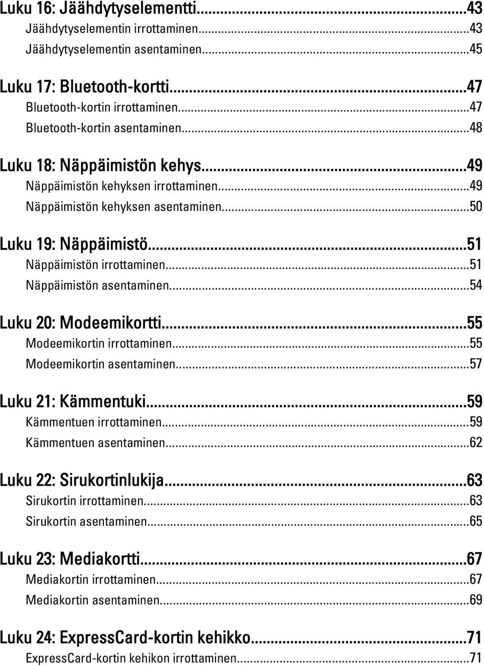 ..54 Luku 20: Modeemikortti...55 Modeemikortin irrottaminen...55 Modeemikortin asentaminen...57 Luku 21: Kämmentuki...59 Kämmentuen irrottaminen...59 Kämmentuen asentaminen.