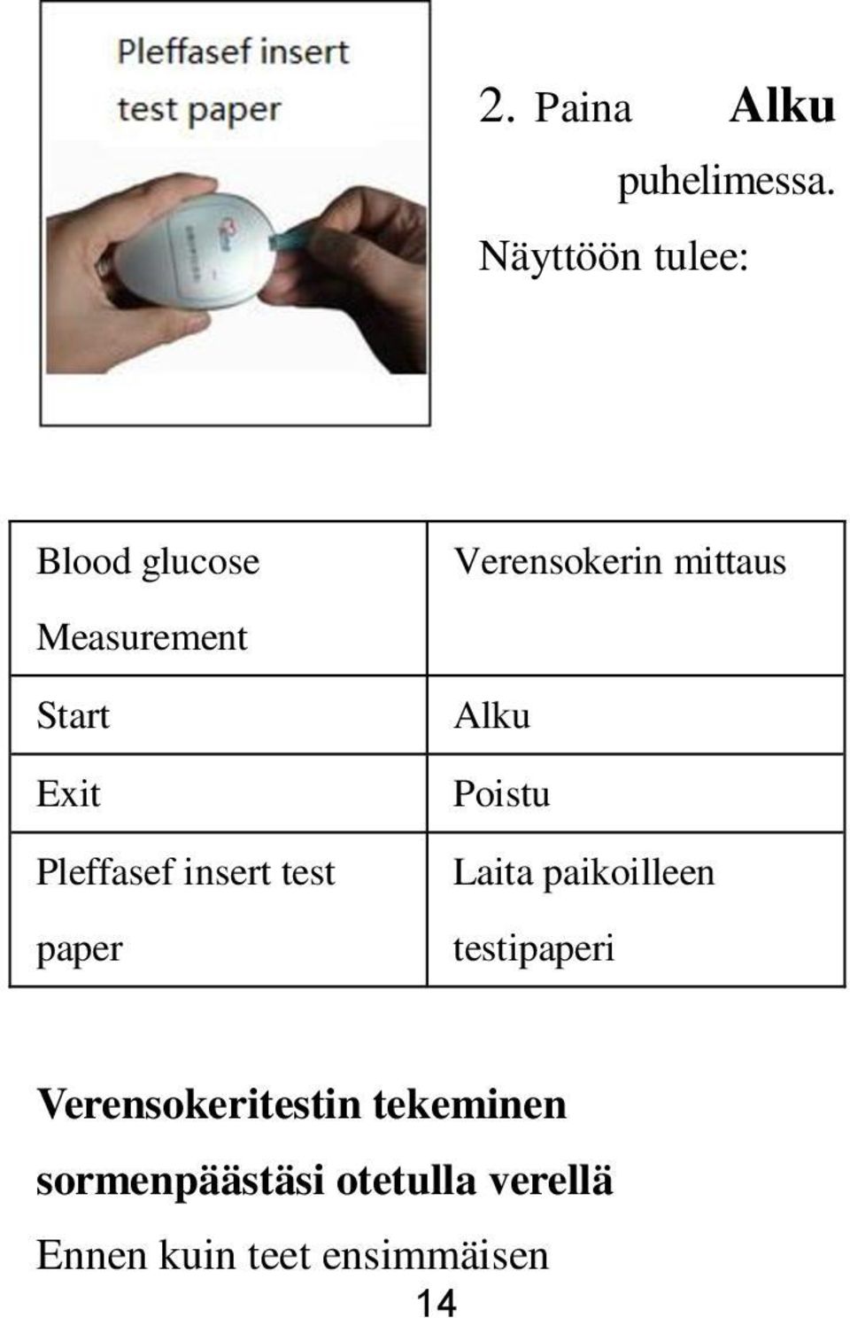 insert test paper Verensokerin mittaus Alku Poistu Laita