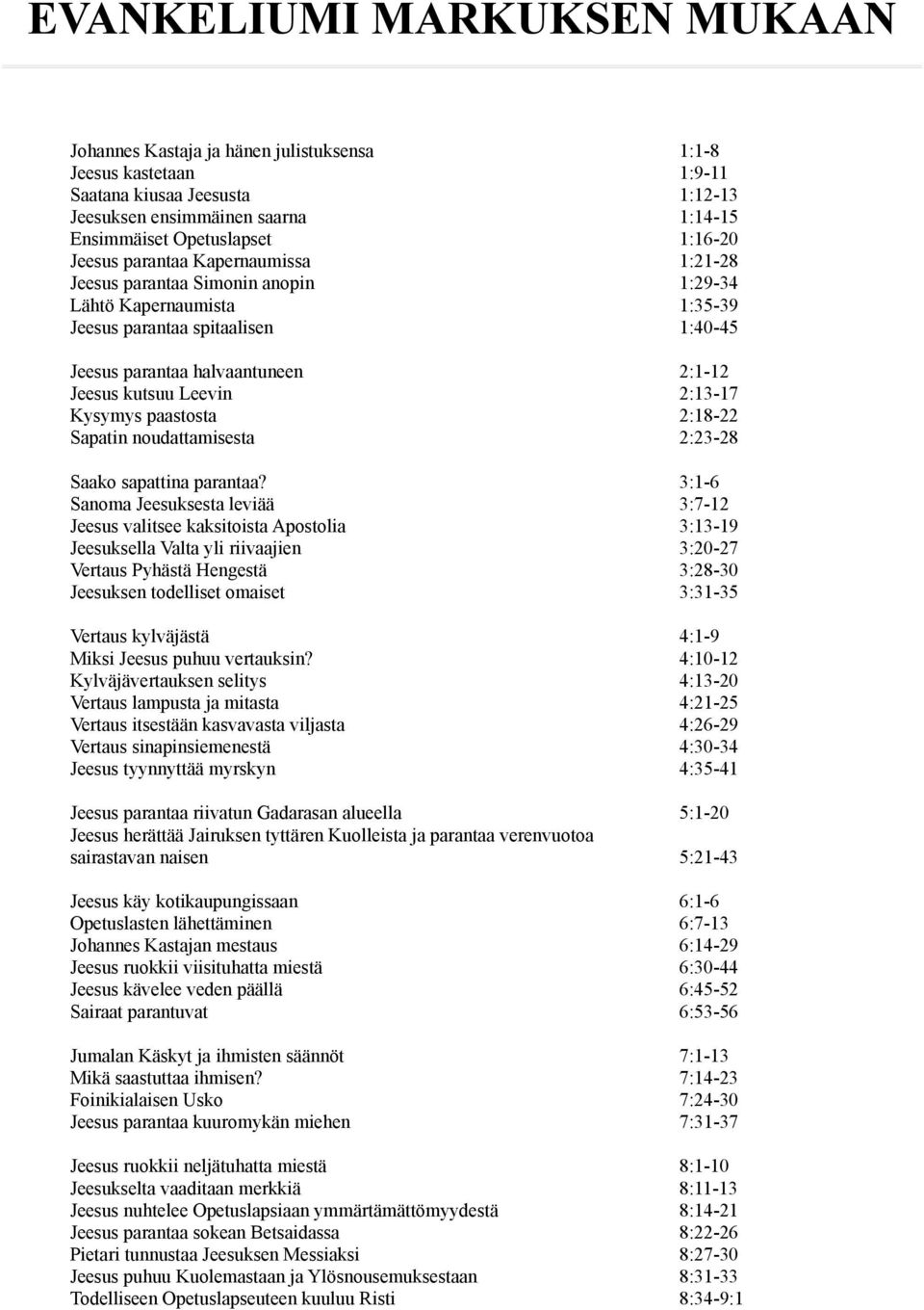 Leevin 2:13-17 Kysymys paastosta 2:18-22 Sapatin noudattamisesta 2:23-28 Saako sapattina parantaa?