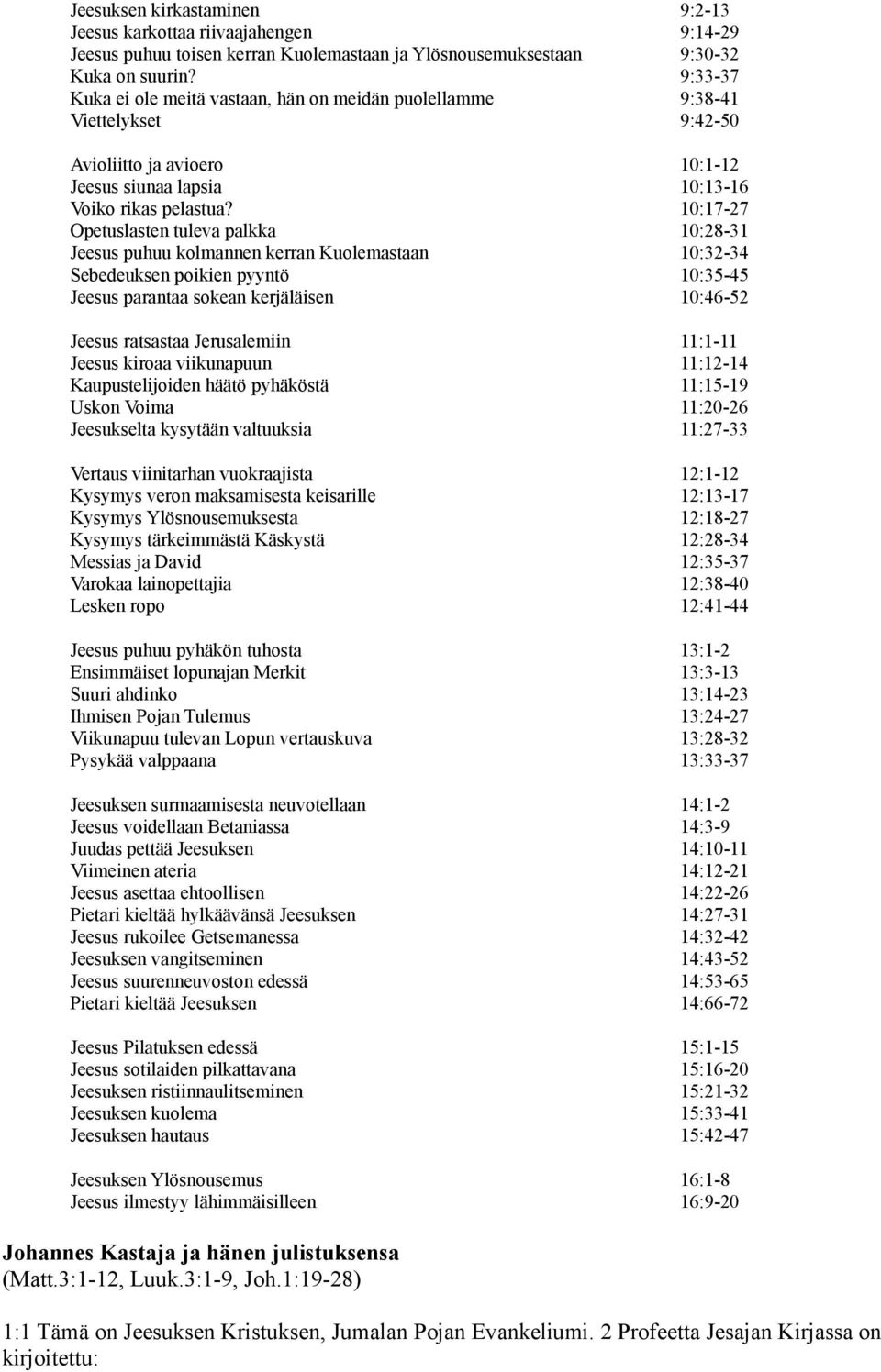 10:17-27 Opetuslasten tuleva palkka 10:28-31 Jeesus puhuu kolmannen kerran Kuolemastaan 10:32-34 Sebedeuksen poikien pyyntö 10:35-45 Jeesus parantaa sokean kerjäläisen 10:46-52 Jeesus ratsastaa