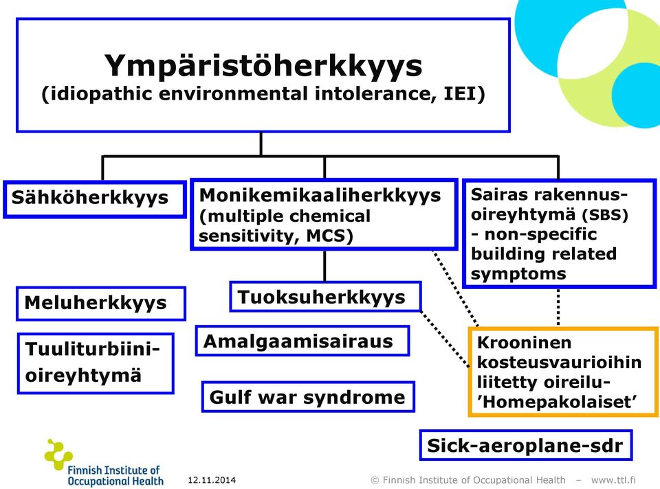 Tuoksuherkkyys Amalgaamisairaus Gulf war syndrome Sairas rakennusoireyhtymä (SBS) - non-specific