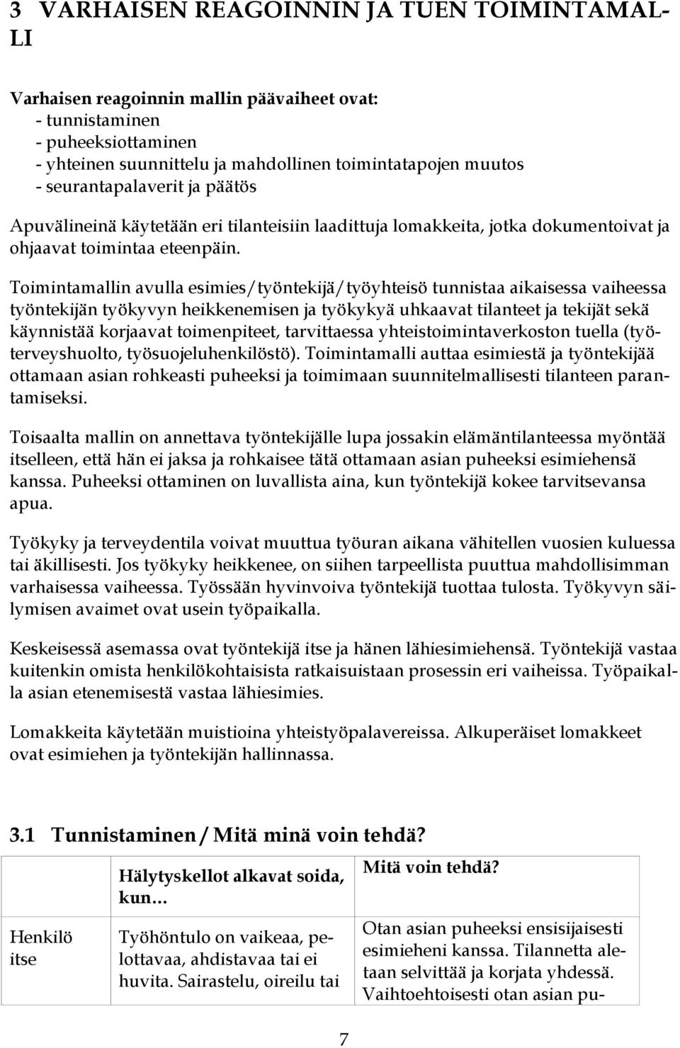 Toimintamallin avulla esimies/työntekijä/työyhteisö tunnistaa aikaisessa vaiheessa työntekijän työkyvyn heikkenemisen ja työkykyä uhkaavat tilanteet ja tekijät sekä käynnistää korjaavat toimenpiteet,