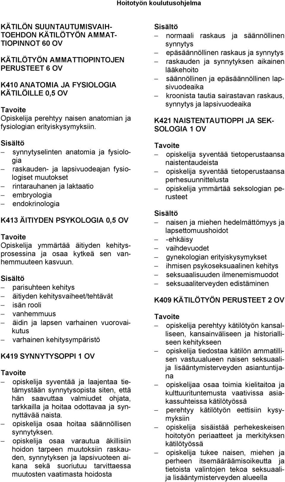 synnytyselinten anatomia ja fysiologia raskauden- ja lapsivuodeajan fysiologiset muutokset rintarauhanen ja laktaatio embryologia endokrinologia K413 ÄITIYDEN PSYKOLOGIA 0,5 OV Opiskelija ymmärtää