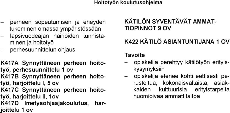 harjoittelu II, 1ov K417D Imetysohjaajakoulutus, harjoittelu 1 ov KÄTILÖN SYVENTÄVÄT AMMAT- TIOPINNOT 9 OV K422 KÄTILÖ ASIANTUNTIJANA 1 OV opiskelija