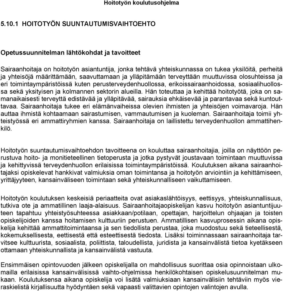 ja kolmannen sektorin alueilla. Hän toteuttaa ja kehittää hoitotyötä, joka on samanaikaisesti terveyttä edistävää ja ylläpitävää, sairauksia ehkäisevää ja parantavaa sekä kuntouttavaa.