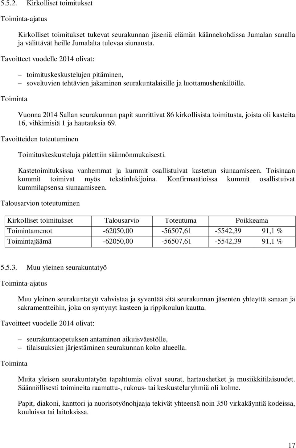 Vuonna 2014 Sallan seurakunnan papit suorittivat 86 kirkollisista toimitusta, joista oli kasteita 16, vihkimisiä 1 ja hautauksia 69.