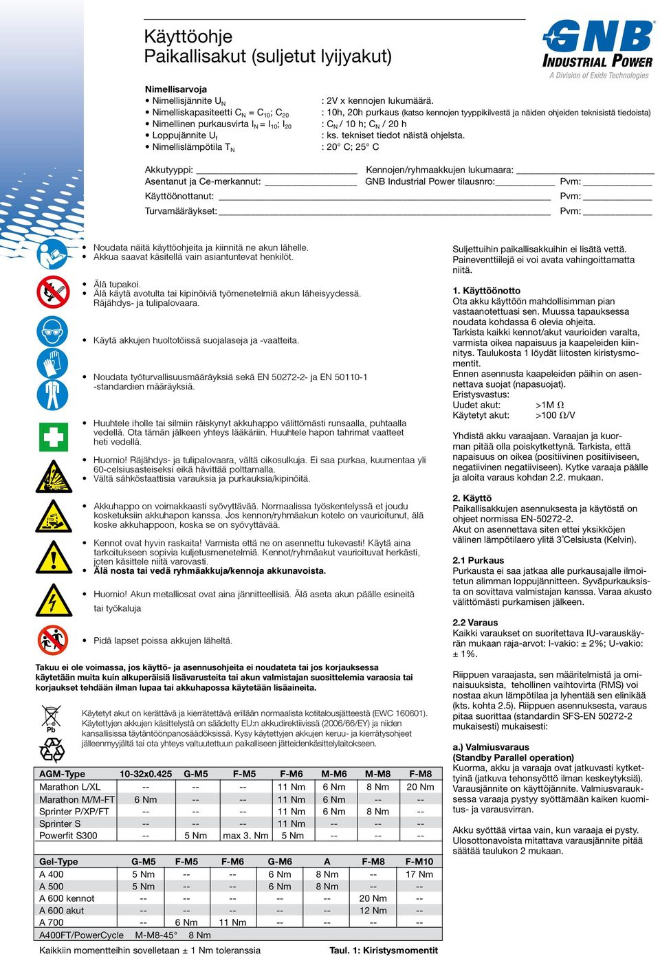 : 20 C; 25 C Akkutyyppi: Kennojen/ryhmaakkujen lukumaara: Asentanut ja Ce-merkannut: GNB Industrial Power tilausnro: Pvm: Käyttöönottanut: Pvm: Turvamääräykset: Pvm: Noudata näitä käyttöohjeita ja