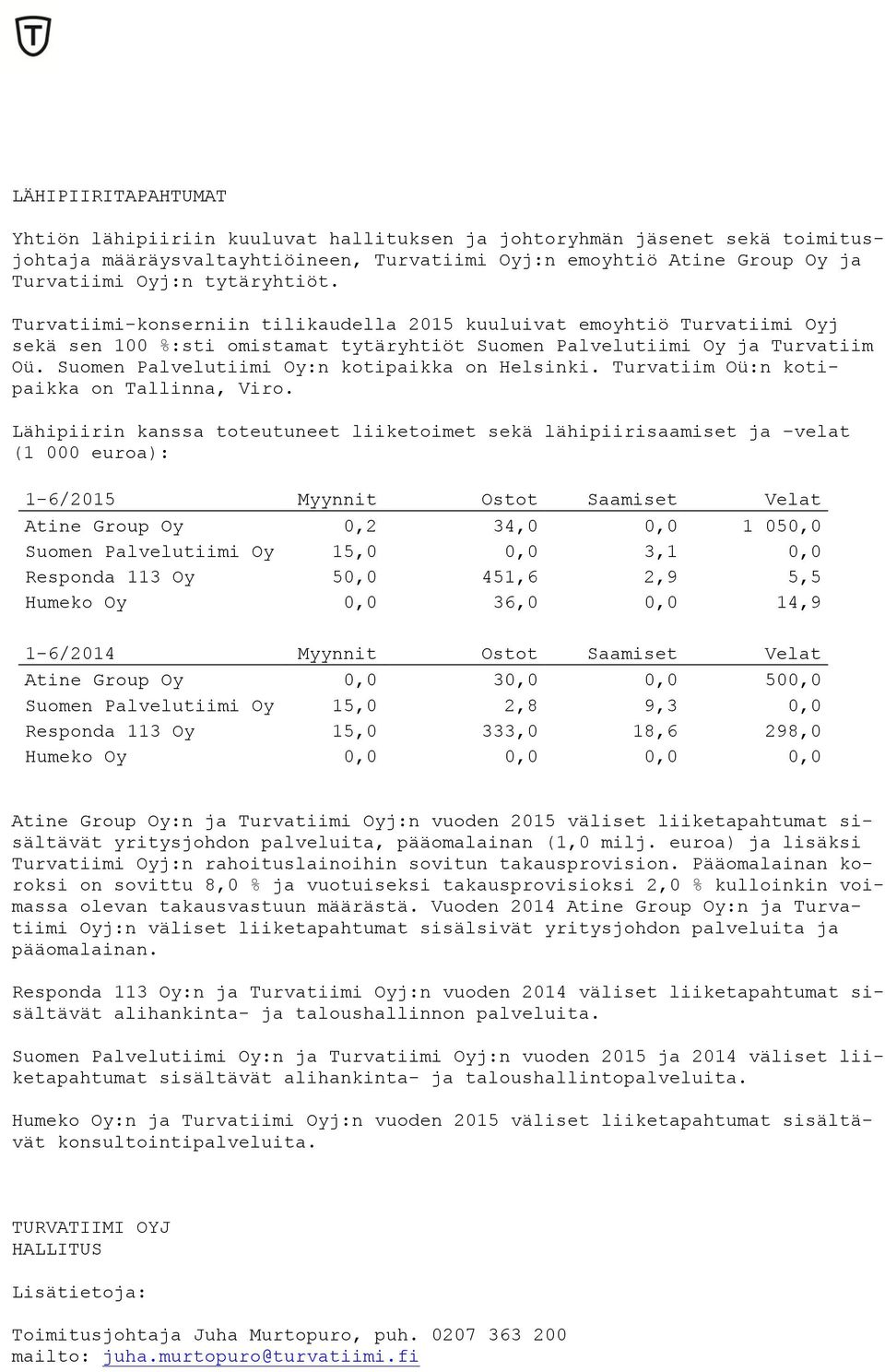 Suomen Palvelutiimi Oy:n kotipaikka on Helsinki. Turvatiim Oü:n kotipaikka on Tallinna, Viro.