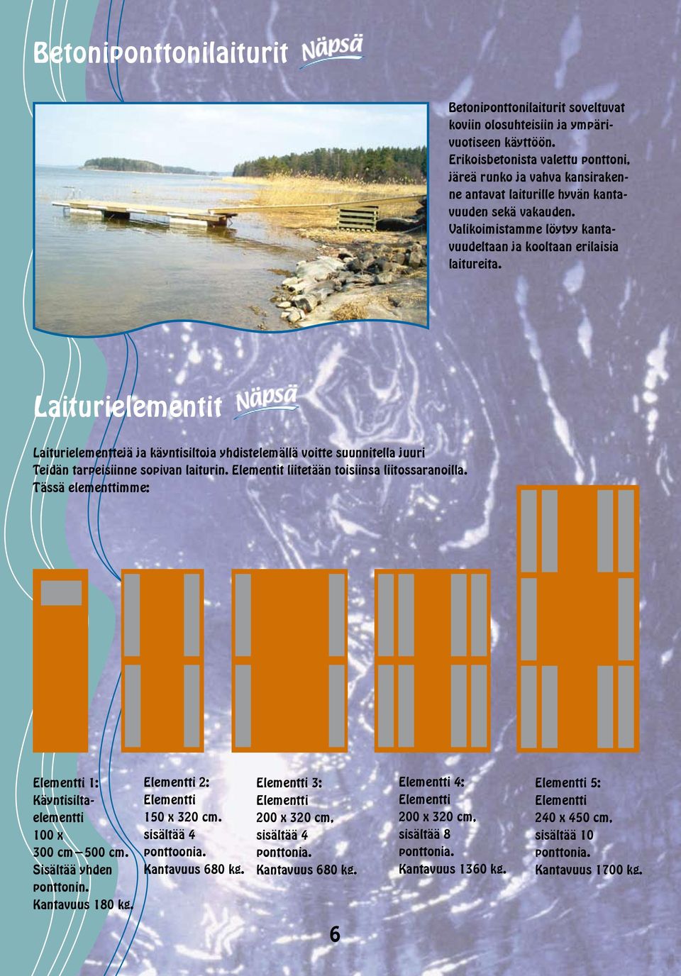 Laiturielementit Laiturielementtejä ja käyntisiltoja yhdistelemällä voitte suunnitella juuri Teidän tarpeisiinne sopivan laiturin. Elementit liitetään toisiinsa liitossaranoilla.