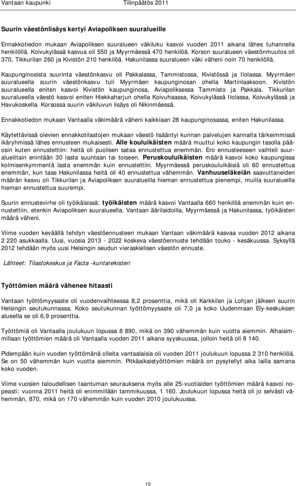 Kaupunginosista suurinta väestönkasvu oli Pakkalassa, Tammistossa, Kivistössä ja Ilolassa. Myyrmäen suuralueella suurin väestönkasvu tuli Myyrmäen kaupunginosan ohella Martinlaaksoon.