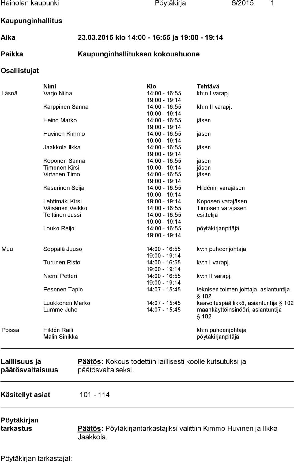 19:00-19:14 Karppinen Sanna 14:00-16:55 kh:n II varapj.