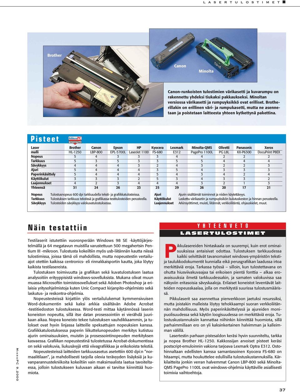 Pisteet Laser Brother Canon Epson HP Kyocera Lexmark Minolta-QMS Olivetti Panasonic Xerox malli HL-1250 LBP-800 EPL-5700L LaserJet 1100 FS-680 E312 PagePro 1100L PG L8L KX-P6300 DocuPrint P8EX Nopeus