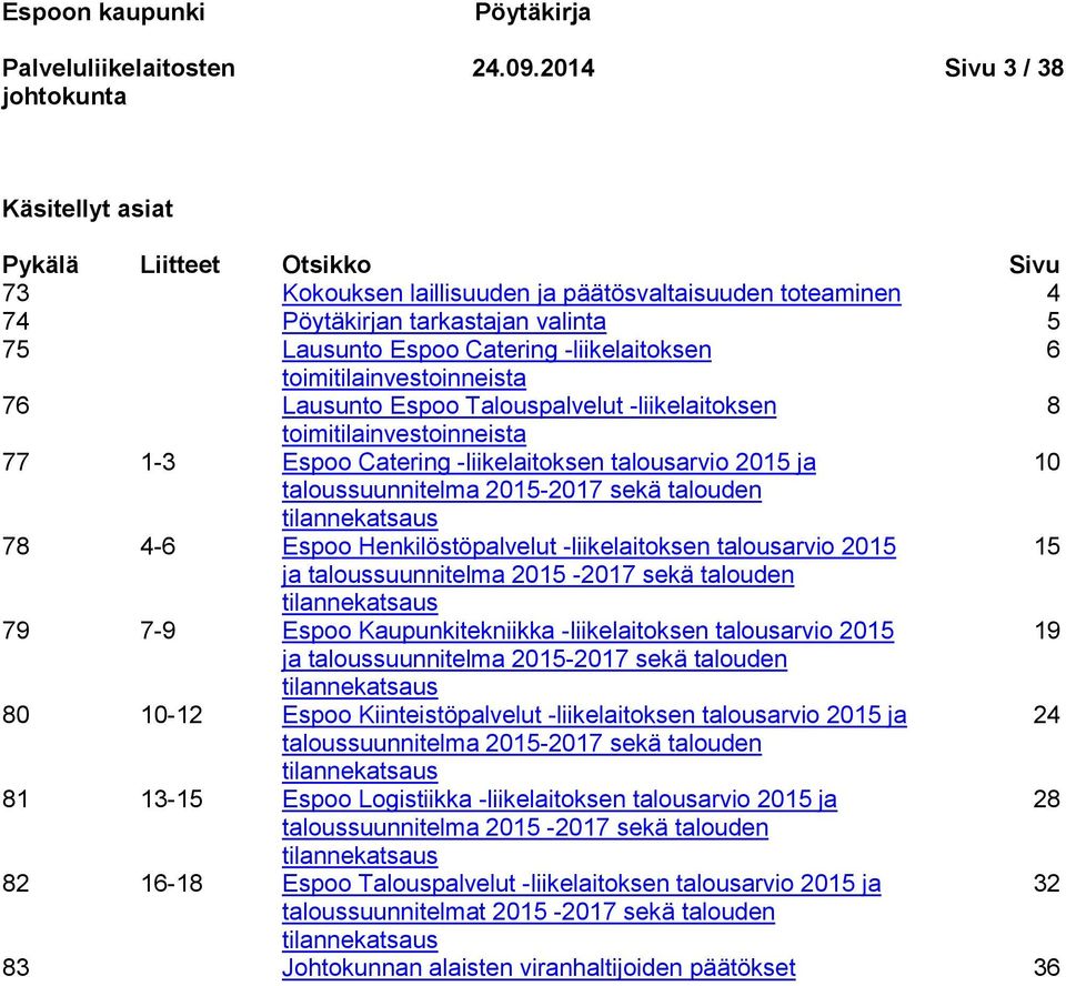 -liikelaitoksen 6 toimitilainvestoinneista 76 Lausunto Espoo Talouspalvelut -liikelaitoksen 8 toimitilainvestoinneista 77 1-3 Espoo Catering -liikelaitoksen talousarvio 2015 ja 10 taloussuunnitelma