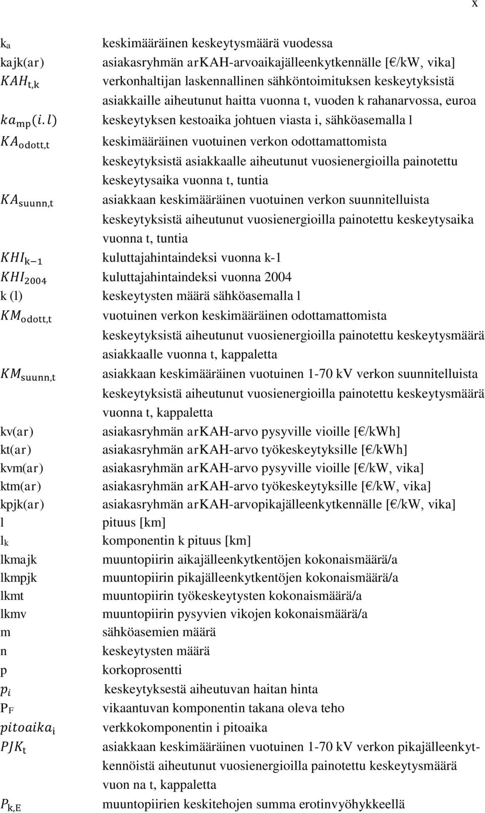 vuonna t, vuoden k rahanarvossa, euroa keskeytyksen kestoaika johtuen viasta i, sähköasemalla l KA odott,t keskimääräinen vuotuinen verkon odottamattomista keskeytyksistä asiakkaalle aiheutunut