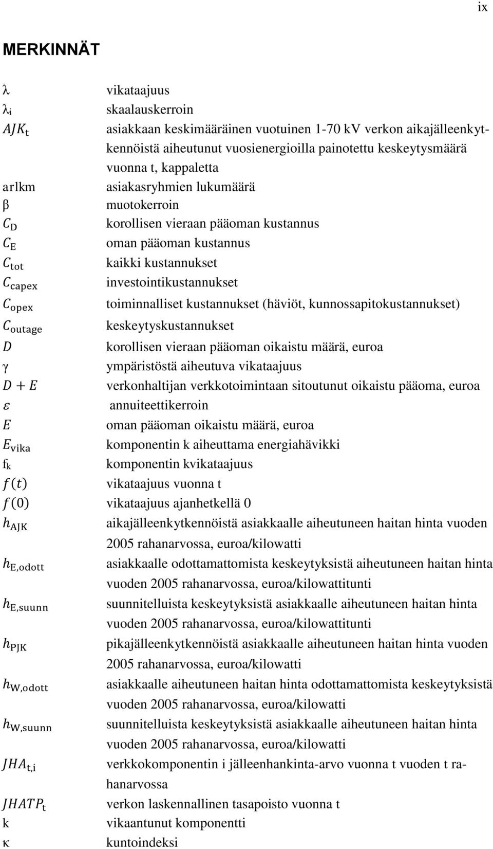 toiminnalliset kustannukset (häviöt, kunnossapitokustannukset) keskeytyskustannukset D korollisen vieraan pääoman oikaistu määrä, euroa γ ympäristöstä aiheutuva vikataajuus D + E verkonhaltijan