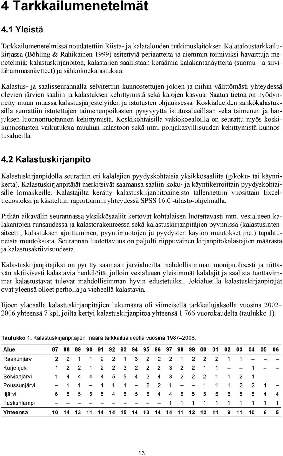 menetelmiä; kalastuskirjanpitoa, kalastajien saaliistaan keräämiä kalakantanäytteitä (suomu- ja siivilähammasnäytteet) ja sähkökoekalastuksia.