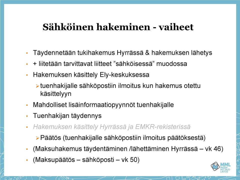 Mahdolliset lisäinformaatiopyynnöt tuenhakijalle Tuenhakijan täydennys Hakemuksen käsittely Hyrrässä ja EMKR-rekisterissä