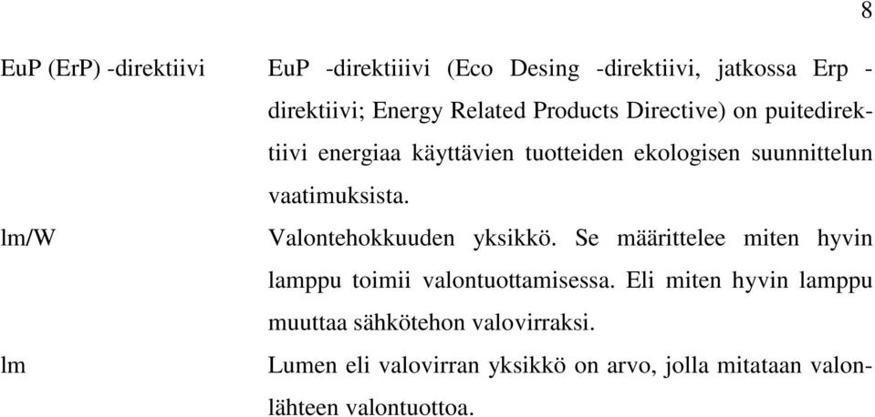 lm/w Valontehokkuuden yksikkö. Se määrittelee miten hyvin lamppu toimii valontuottamisessa.