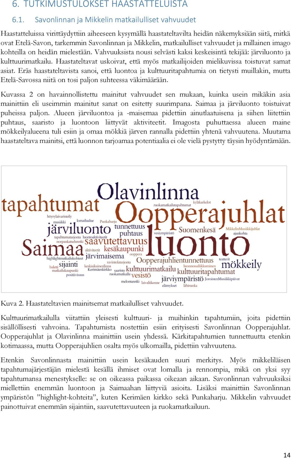 Mikkelin, matkailulliset vahvuudet ja millainen imago kohteilla on heidän mielestään. Vahvuuksista nousi selvästi kaksi keskeisintä tekijää: järviluonto ja kulttuurimatkailu.